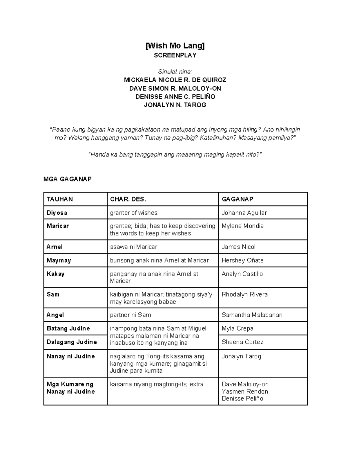 GNED 12 Short Film Script - [Wish Mo Lang] SCREENPLAY Sinulat nina ...