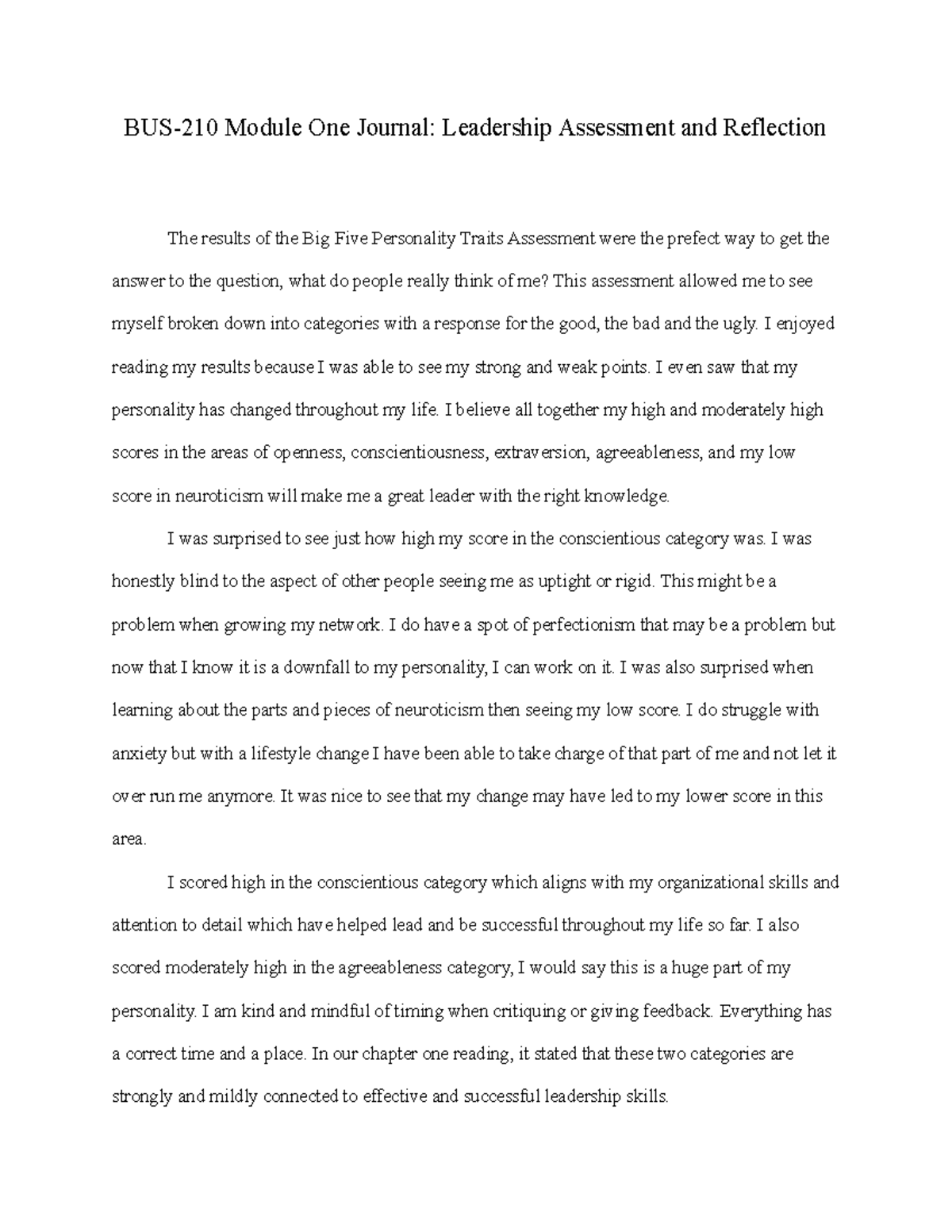 BUS-210 Module One Journal- Leadership Assessment and Reflection - I ...