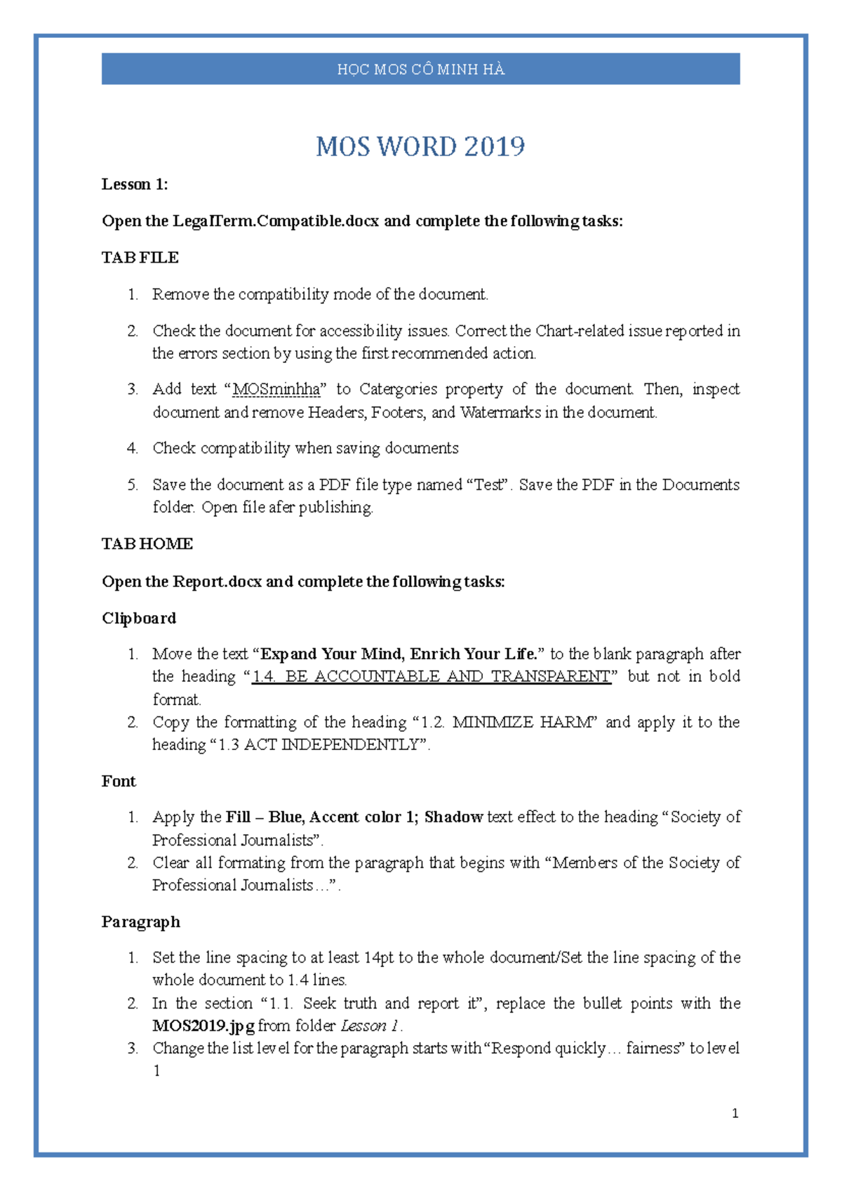 ĐỀ GIẢNG MOS WORD 2019 - Học MOS Từ Cơ Bản Nhất (Lesson 1 & 2) - Studocu
