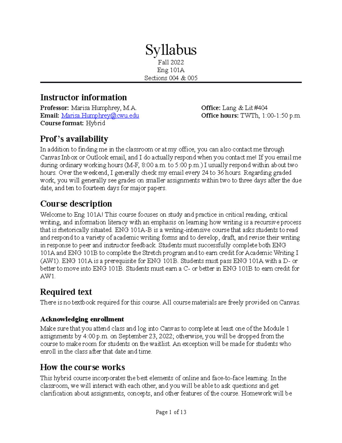 Syllabus - Eng 101A - Fall 2022 - Syllabus Fall 2022 Eng 101A Sections ...