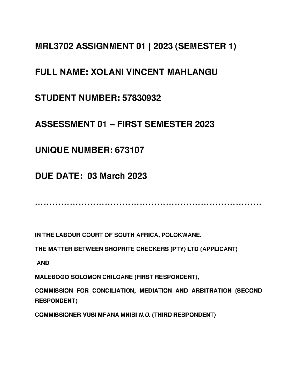 MRL3702 Assignment 01: Labour Court Review Case Study (2023 S1) - Studocu