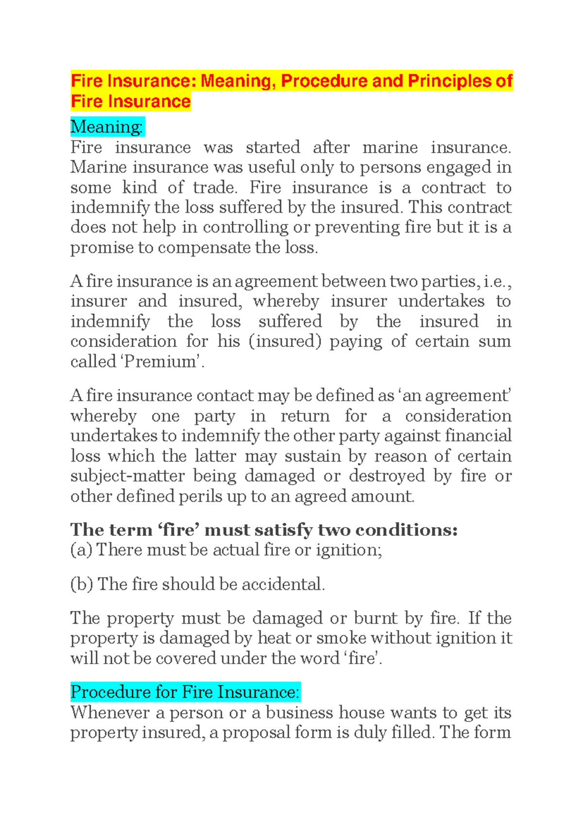 Fire Insurance: Meaning, Procedure & Principles - Study Notes - Studocu