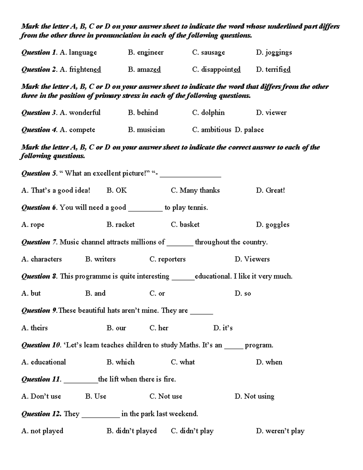 Anh 6 GK2 - Pronunciation & Stress Practice Questions - Studocu