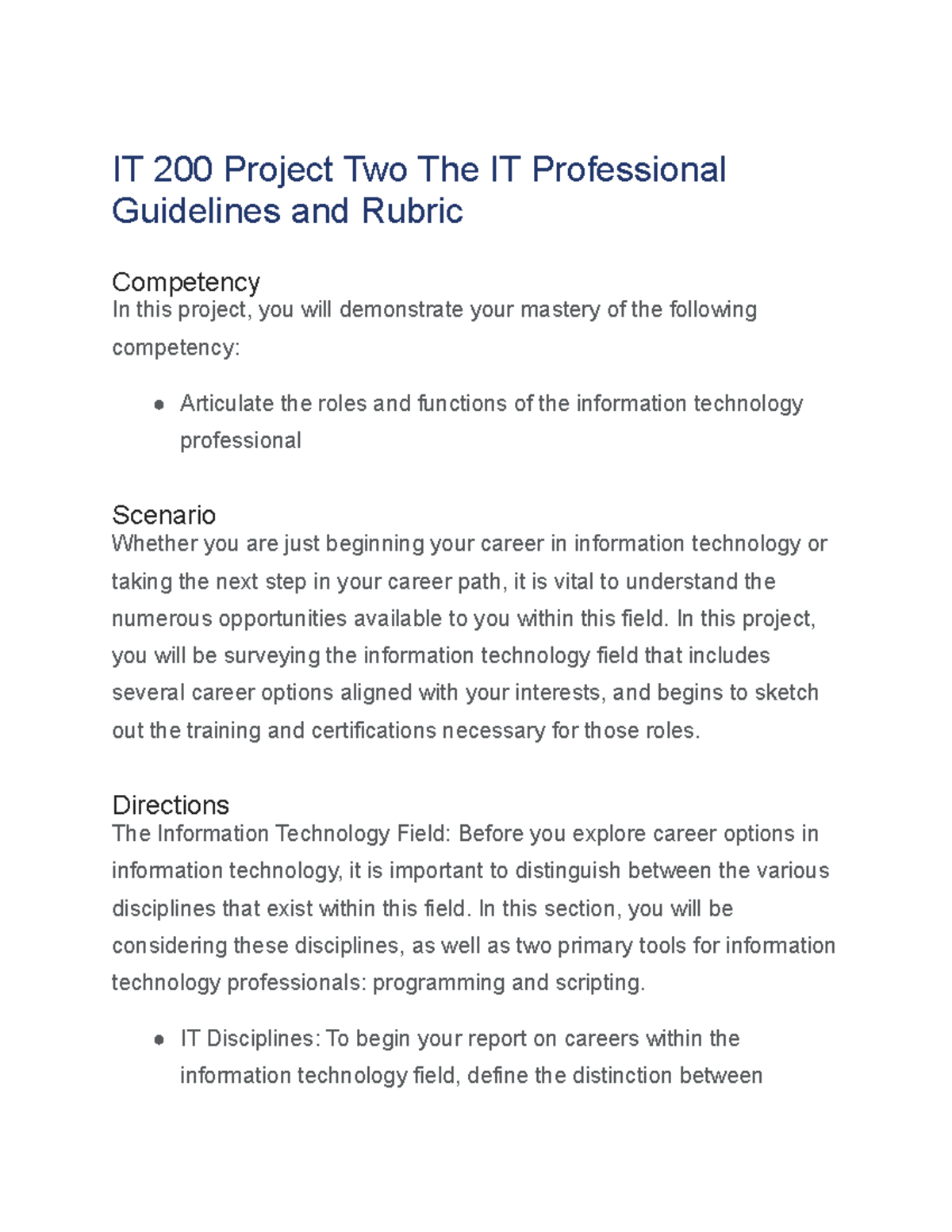 IT 200 Project Two: Exploring Careers in Information Technology - Studocu