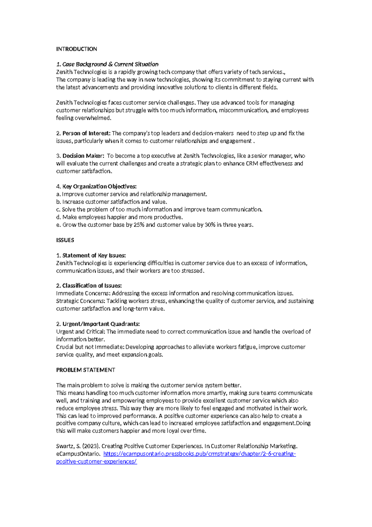 CASE Study of Zenith Technologies: CRM Challenges & Solutions - Studocu