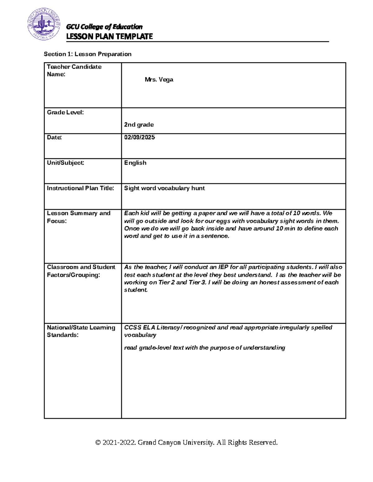 lesson plan for sight vocabulary - CANYON GCU College of Education ...