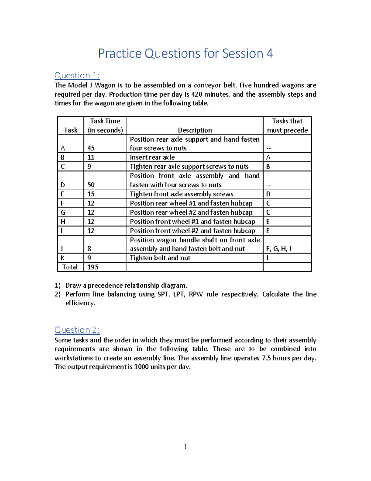 Practice Questions for Assembly Line Design (Session 4) - Studocu