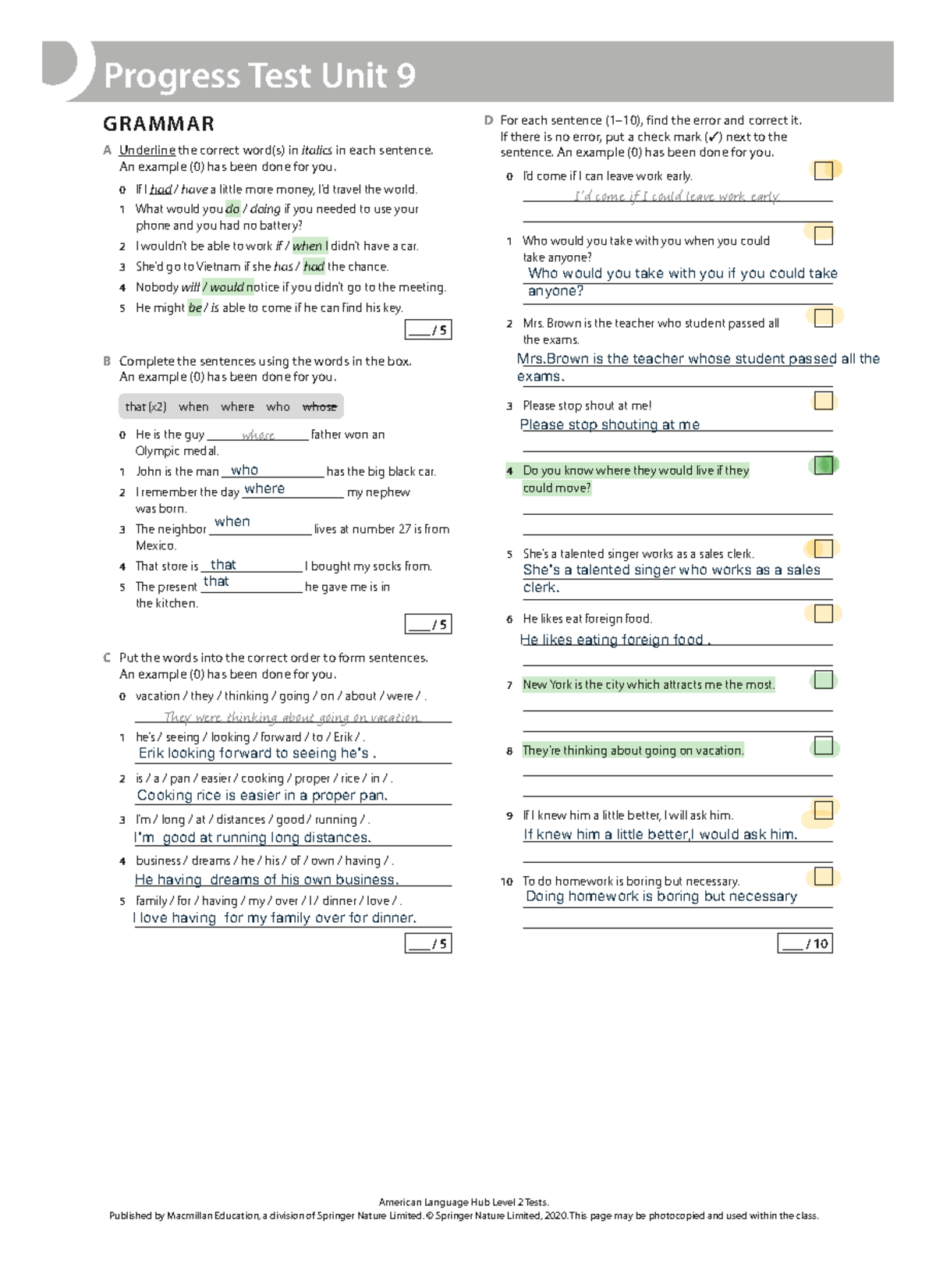 ALH L2 Unit 9 Progress Test: Grammar Exercises and Corrections - Studocu