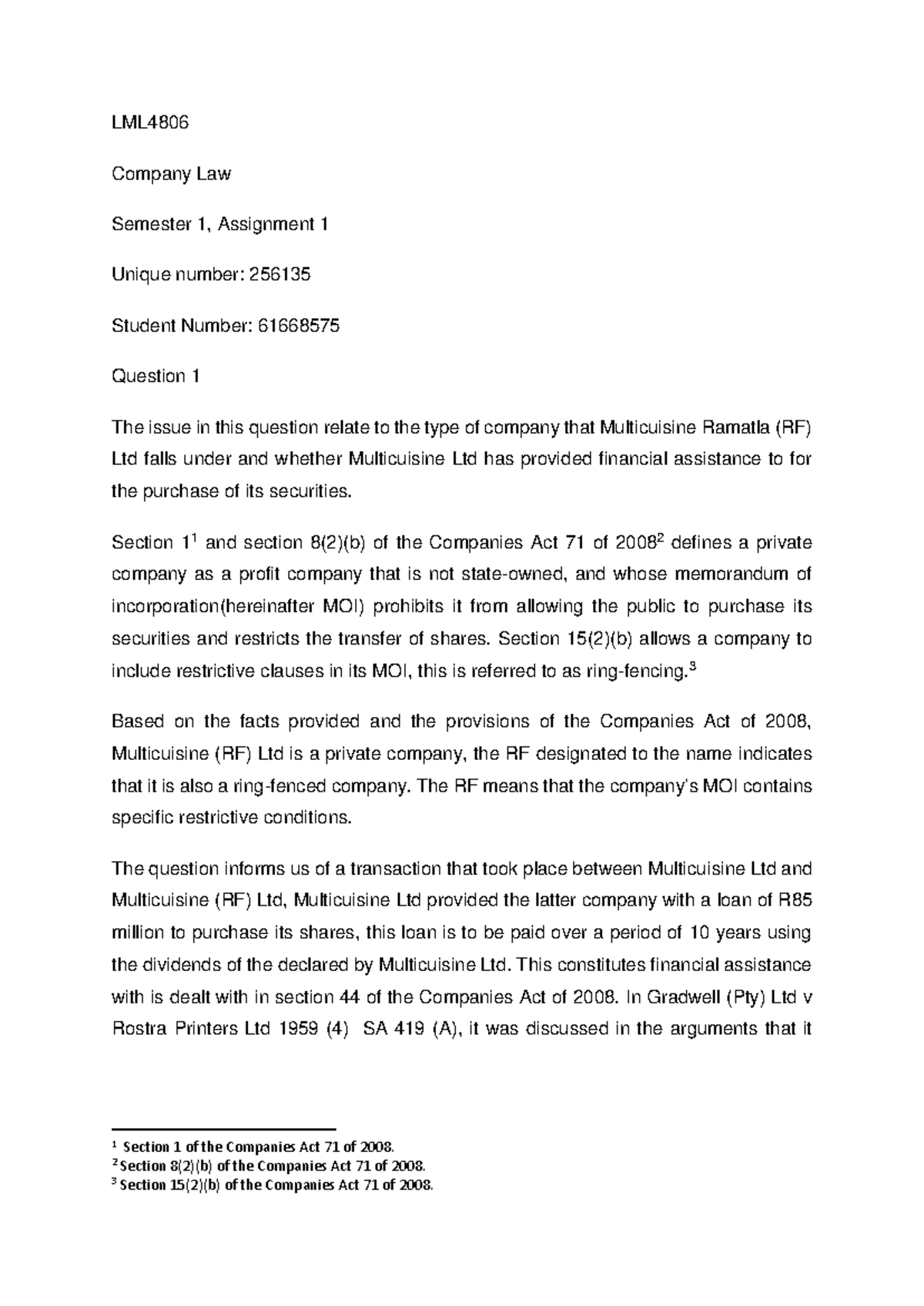 LML4806 Company Law Assignment 1: Analysis of Financial Assistance and ...