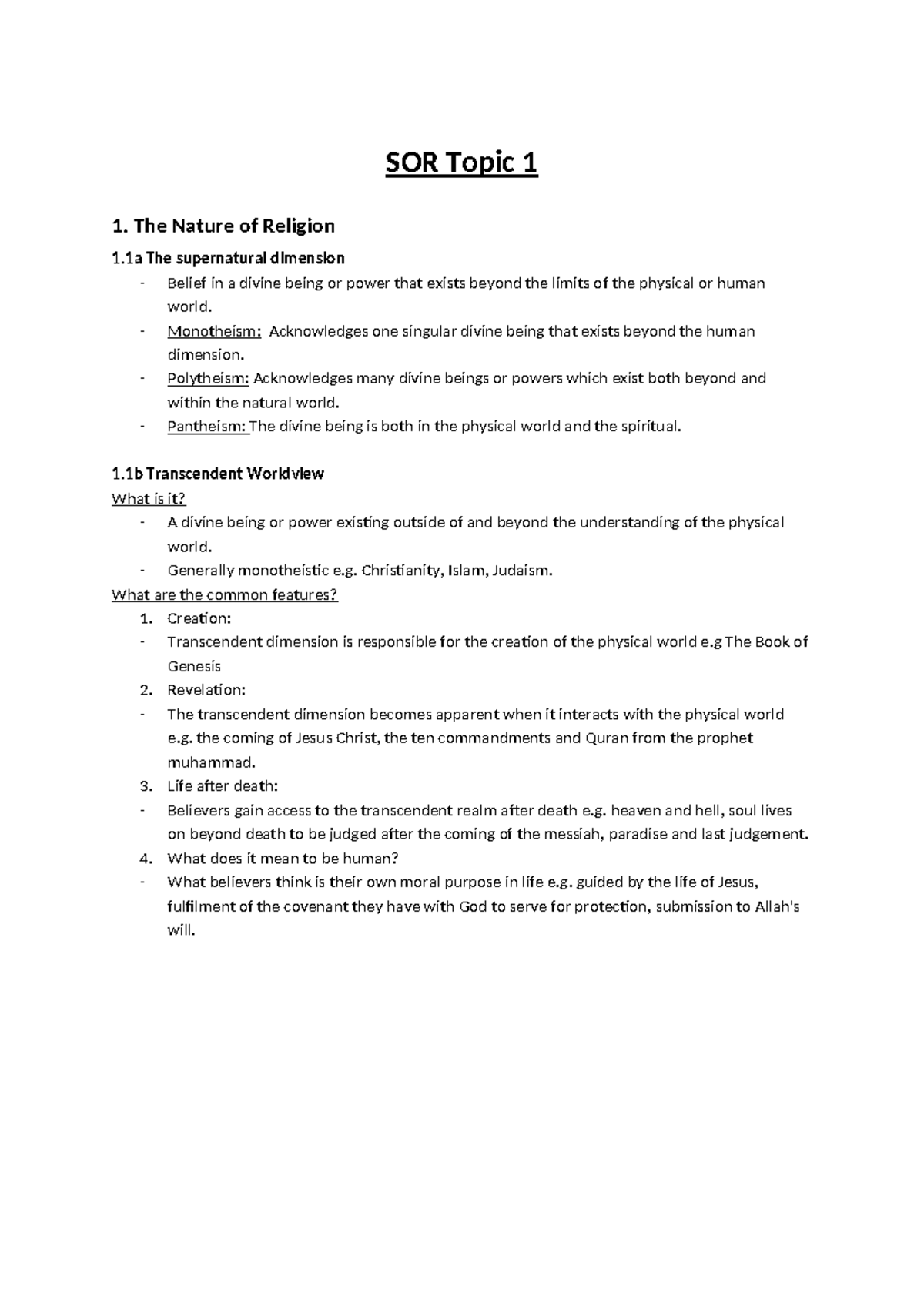 SOR - Preliminary Study Notes on Religion and Belief Systems - Studocu