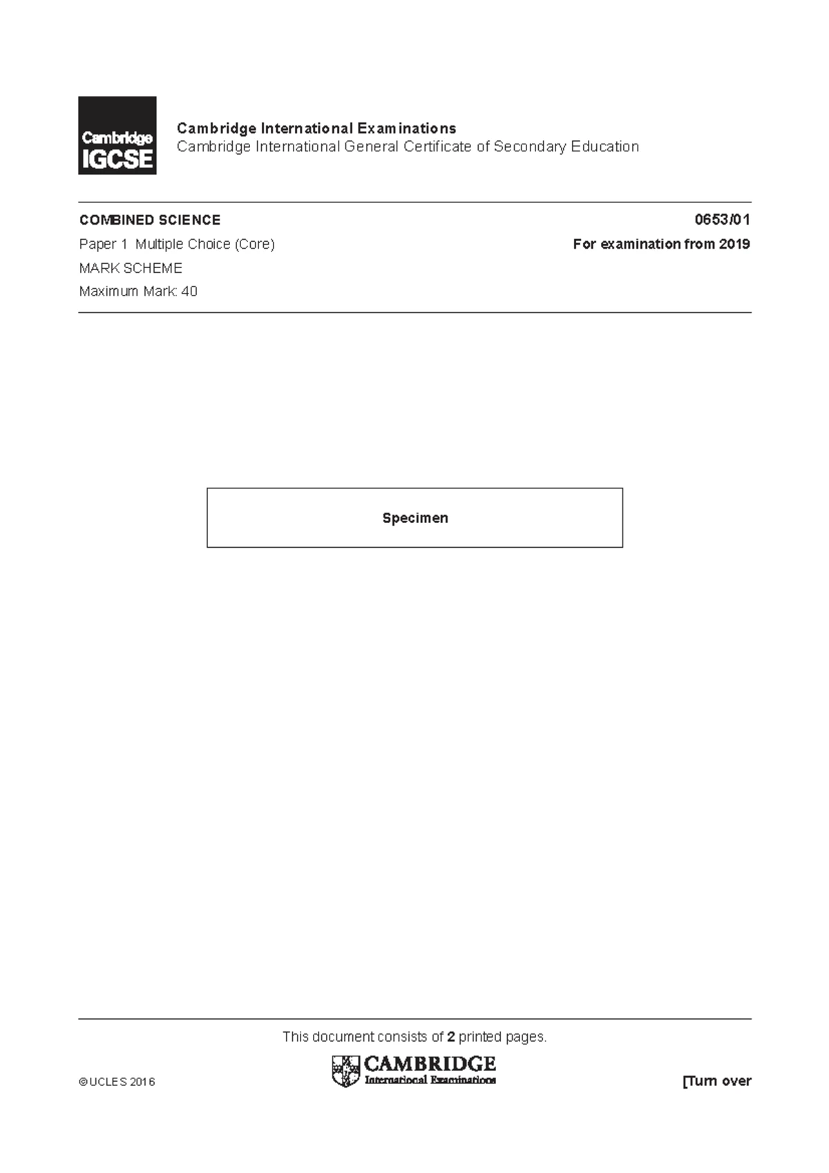 CIE IGCSE Combined Science 2019 Specimen Paper 2 Mark Scheme - Studocu