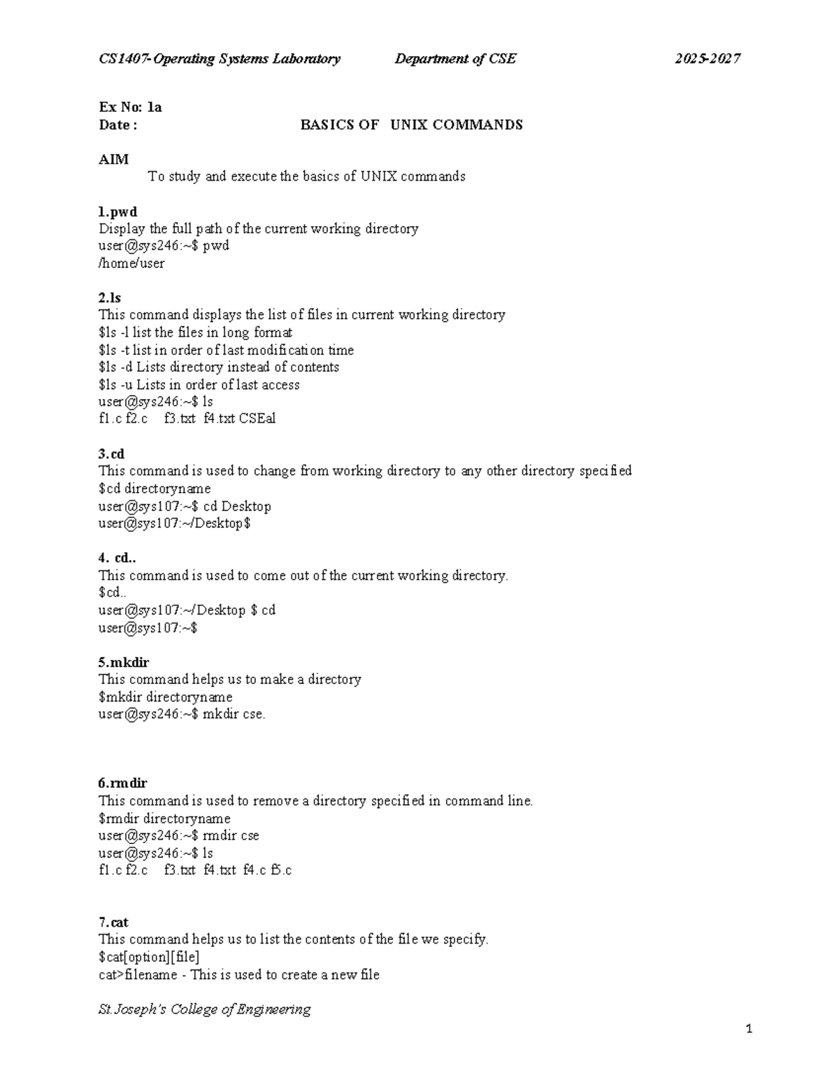 OS Lab Manual: Basics of UNIX Commands and Scheduling Algorithms - Studocu