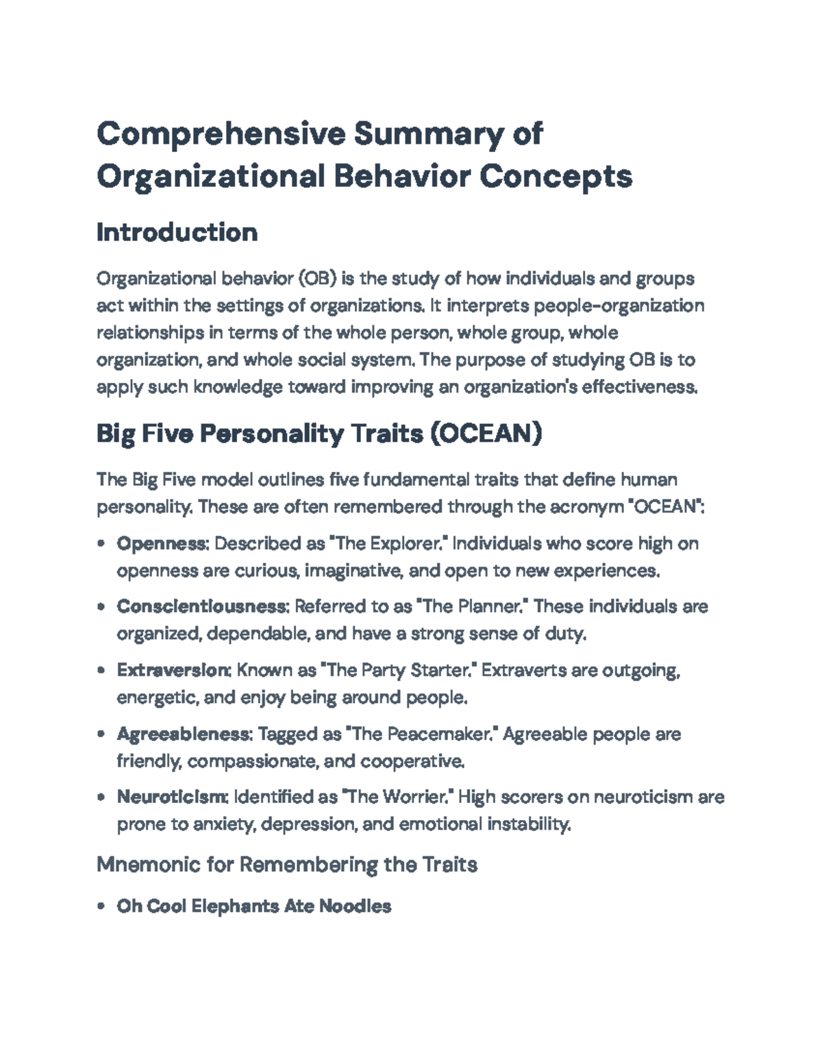 Organizational Behavior Concepts Overview - Course Code: [OB101 ...