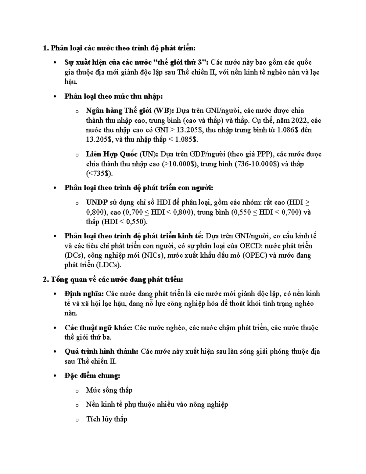 KTPT note - ktpt note - 1. Phân loại các nước theo trình độ phát triển ...
