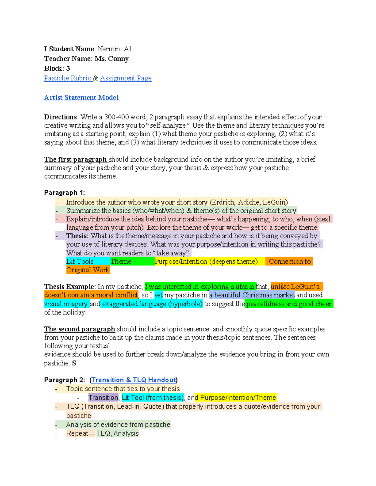 Pastiche Assignment: Artist Statement & Literary Techniques Analysis ...