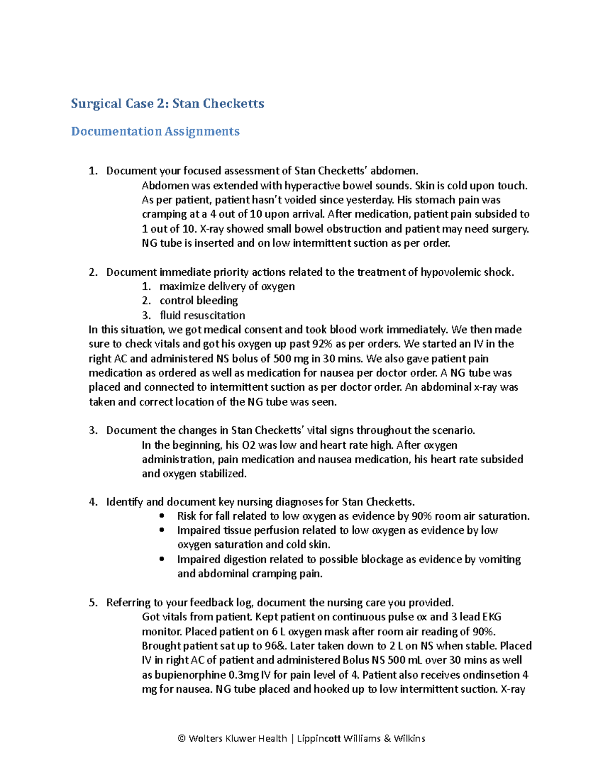 Surgical Case 02: Stan Checketts Focused Nursing Documentation - Studocu