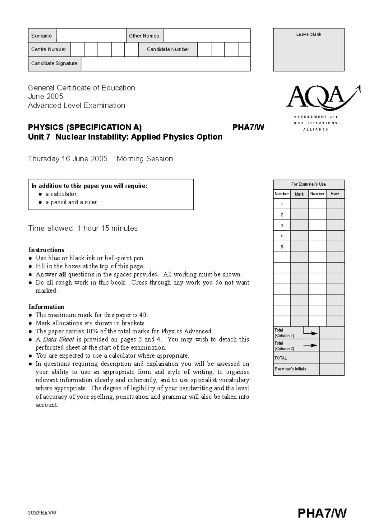 Physics A Level Unit 7 Applied Physics Exam QP June 2005 - Studocu