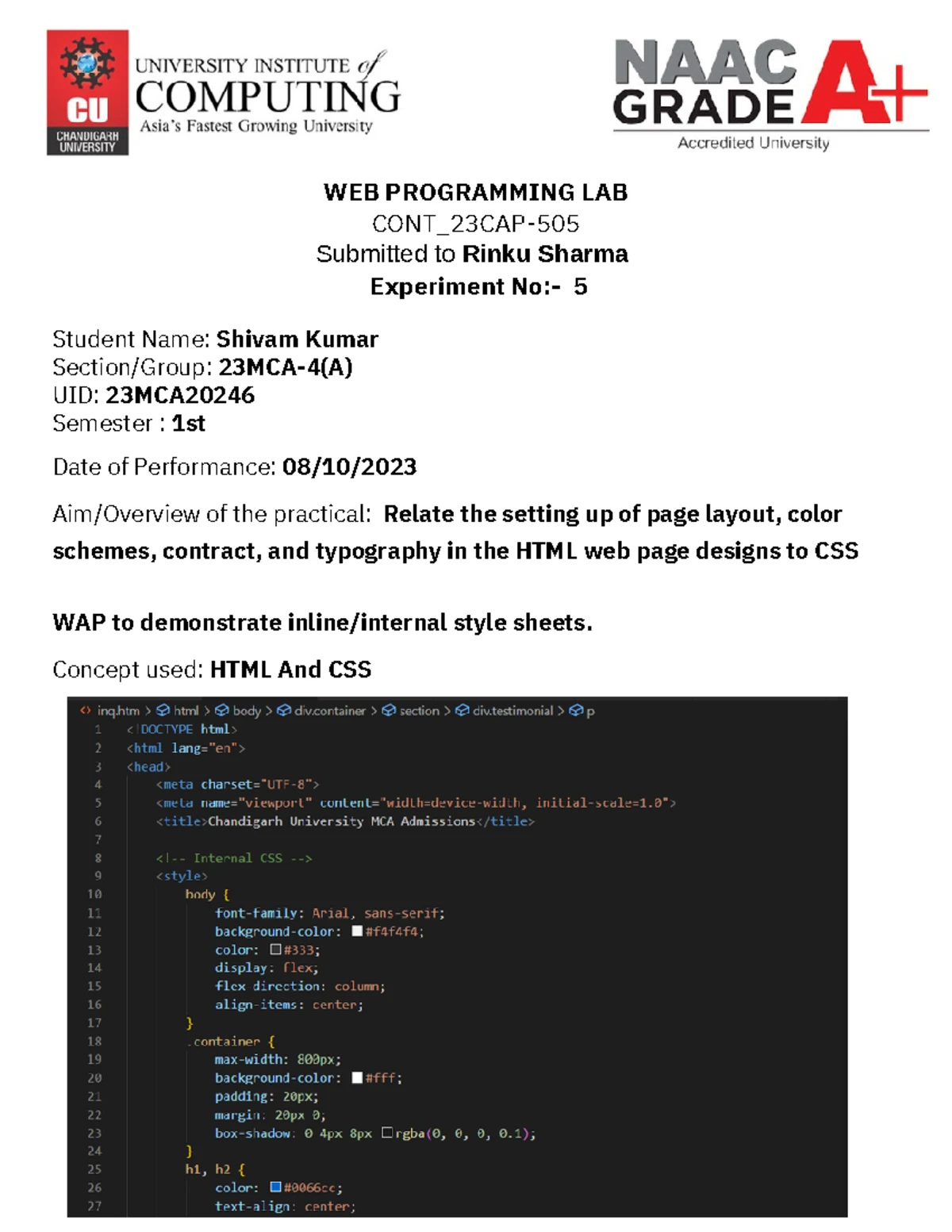 Webprograming exp 5 - web technlogies - WEB PROGRAMMING LAB CONT_23CAP ...