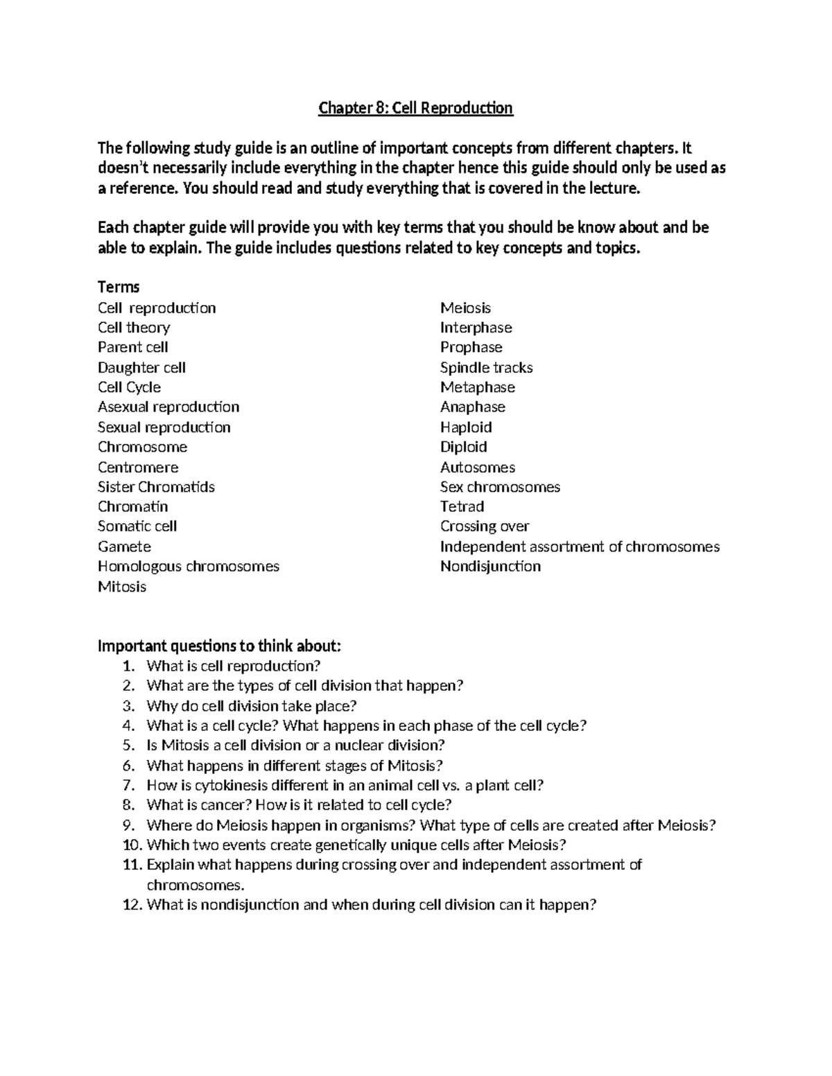 Chapter 8: Cell Reproduction Study Guide (Biology 101) - Chapter 8 ...