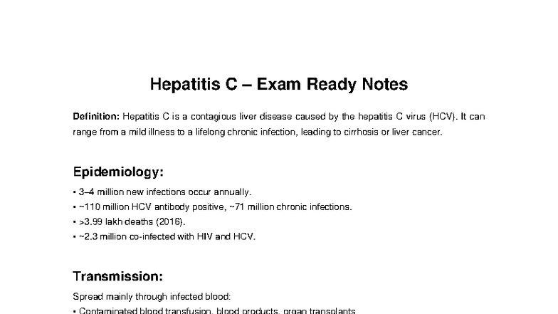 HCV 101: Exam Ready Notes on Hepatitis C Overview - Studocu