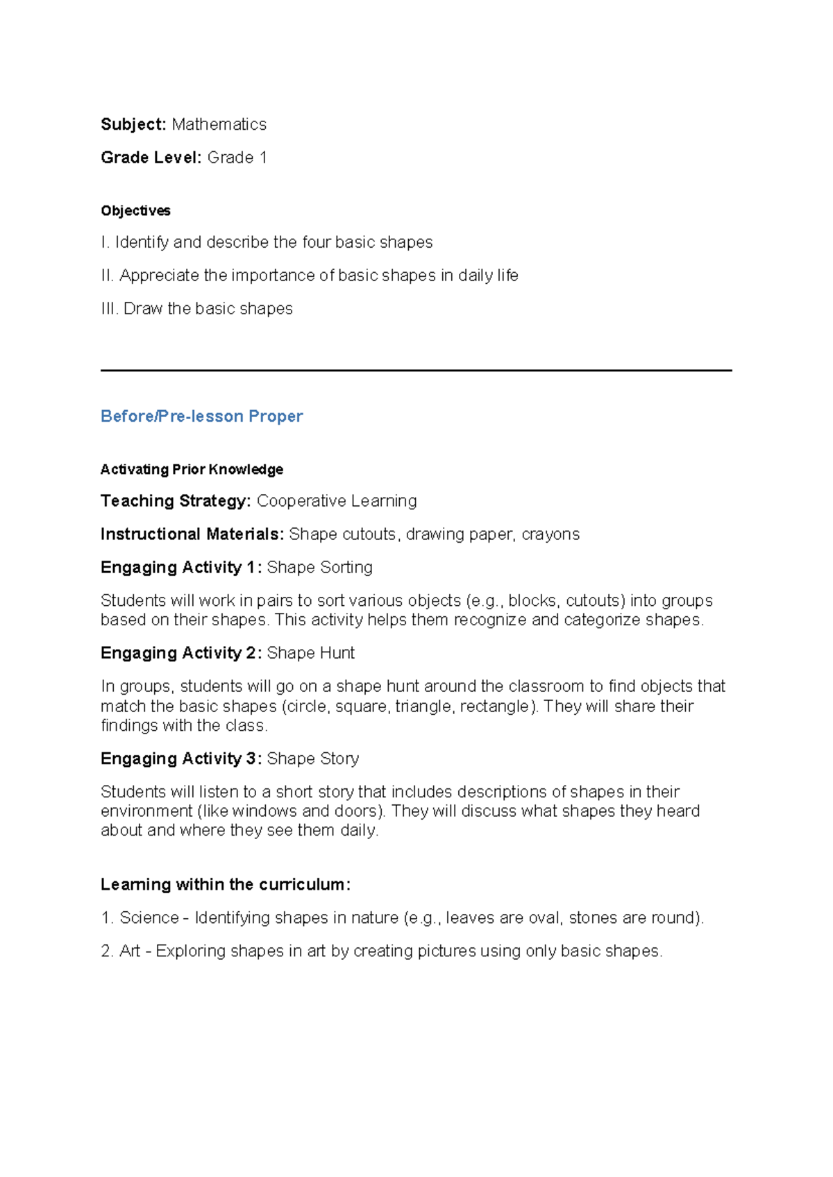 Mathematics Lesson Plan: Exploring Basic Shapes for Grade 1 - Studocu