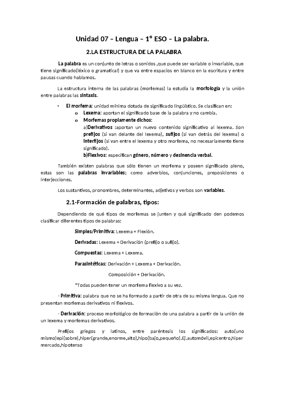 Unidad 07 - Estructura y Formación de la Palabra - 1º ESO - Studocu
