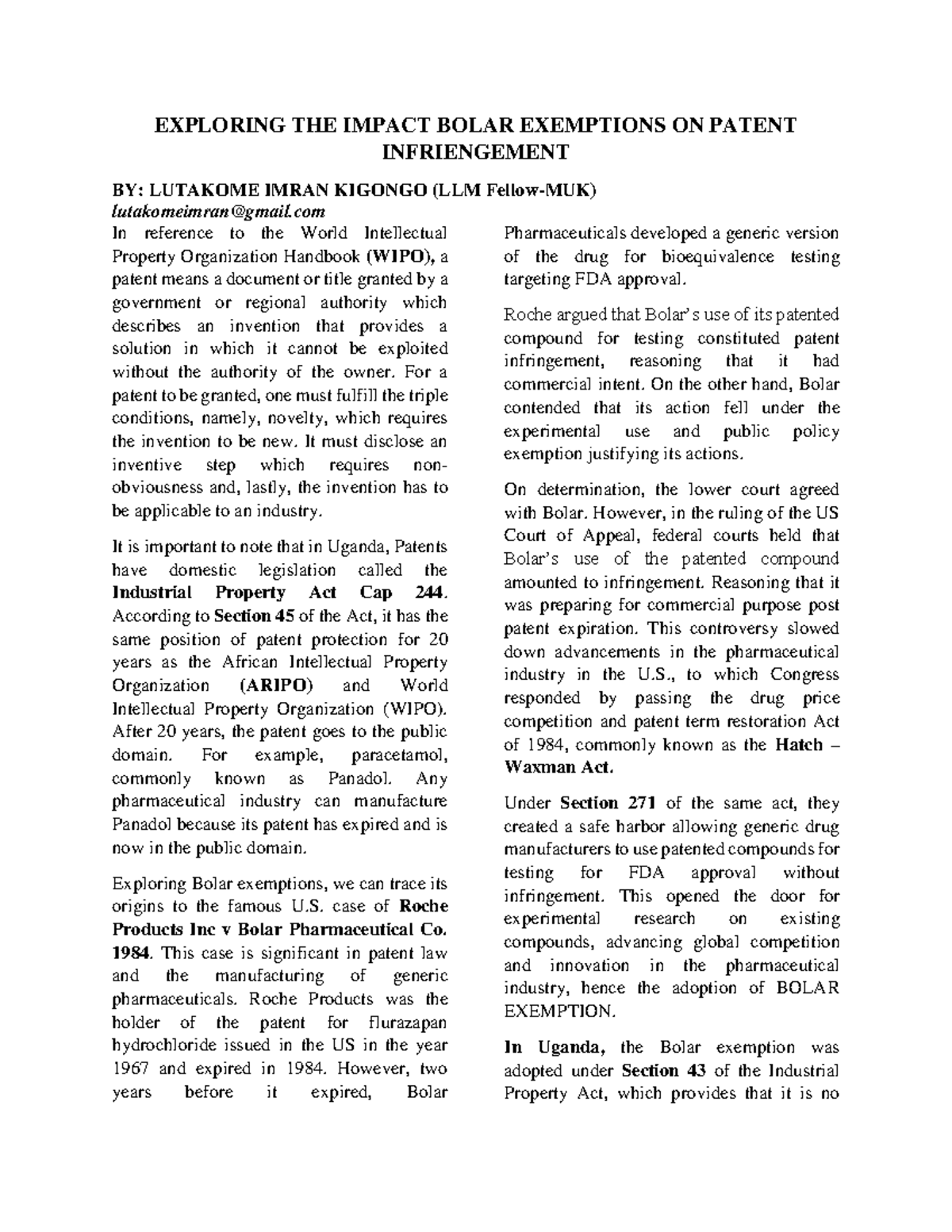 Bolar Exemption and Patent Infringement: An LLM Analysis - Studocu