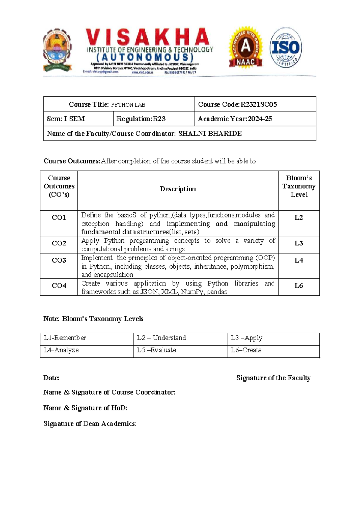 Python Lab Course Outcomes (R2321SC05) - I Sem - Studocu
