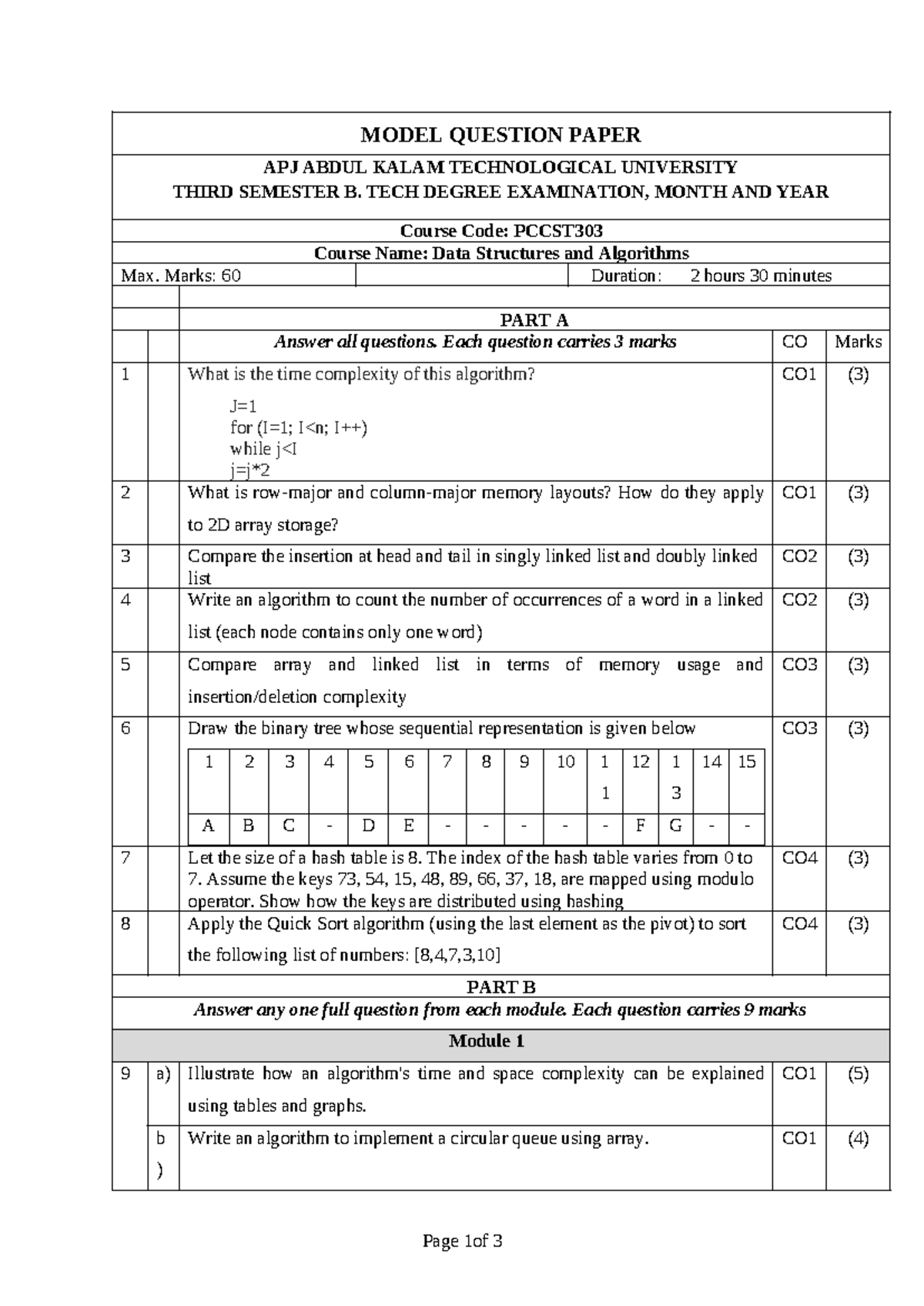 MODEL QUESTION PAPER PCCST303: Data Structures & Algorithms Exam - Studocu