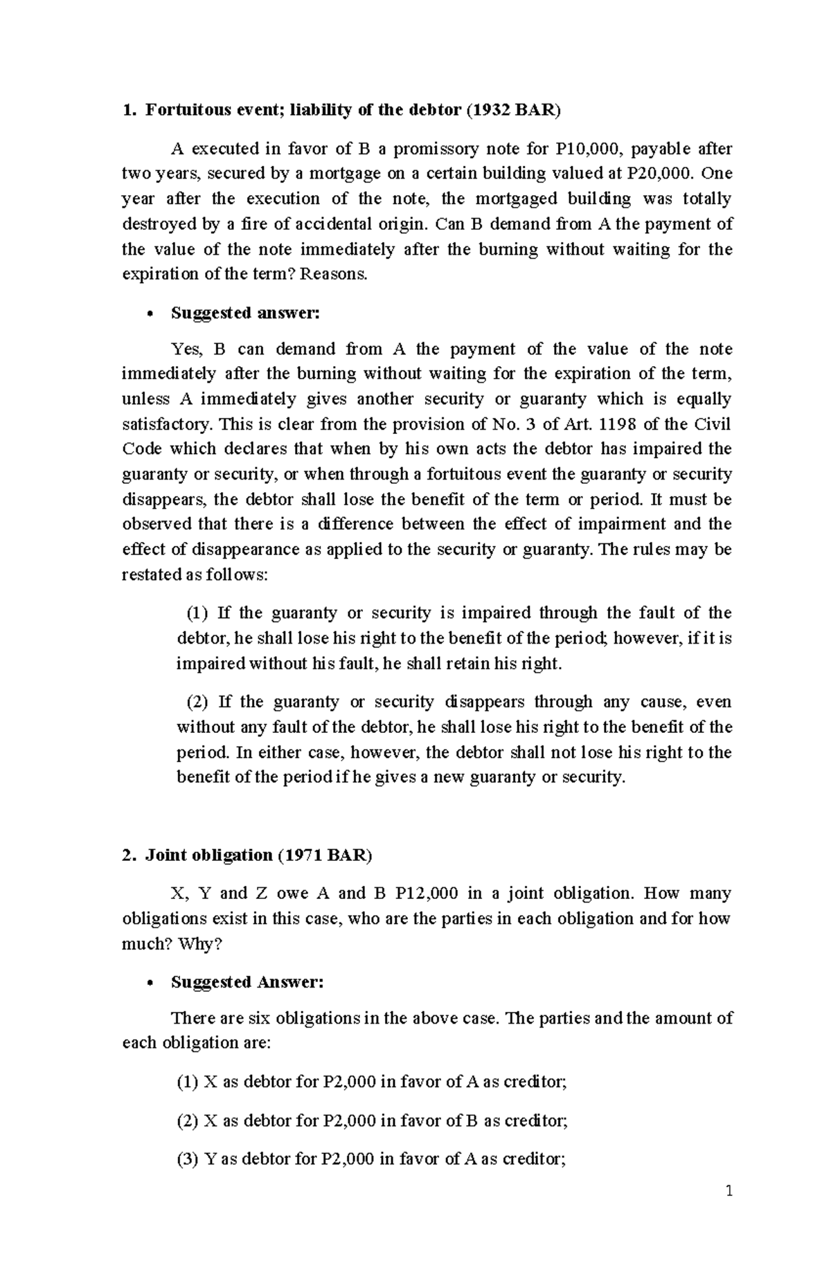 Oblicon Final Exam Review: Obligations & Contracts (1932-1981 BAR ...