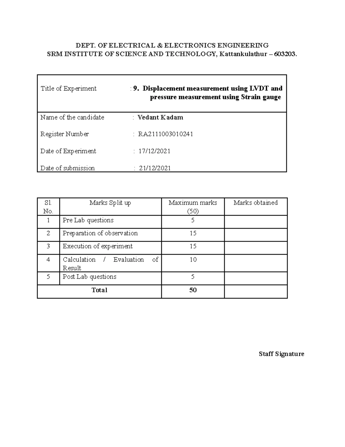 Experiment 9- Displacement measurement using LVDT and pressure measurement using strain gauge.