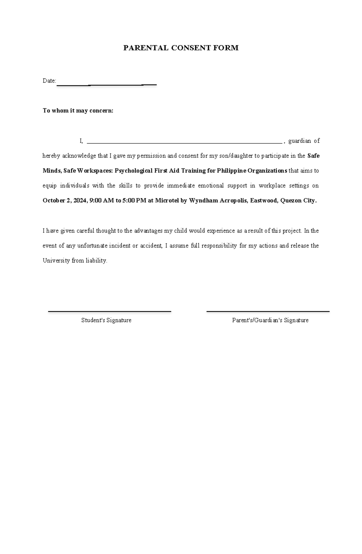 Parental Consent Form for Safe Minds Training - Oct 2, 2024 - Studocu