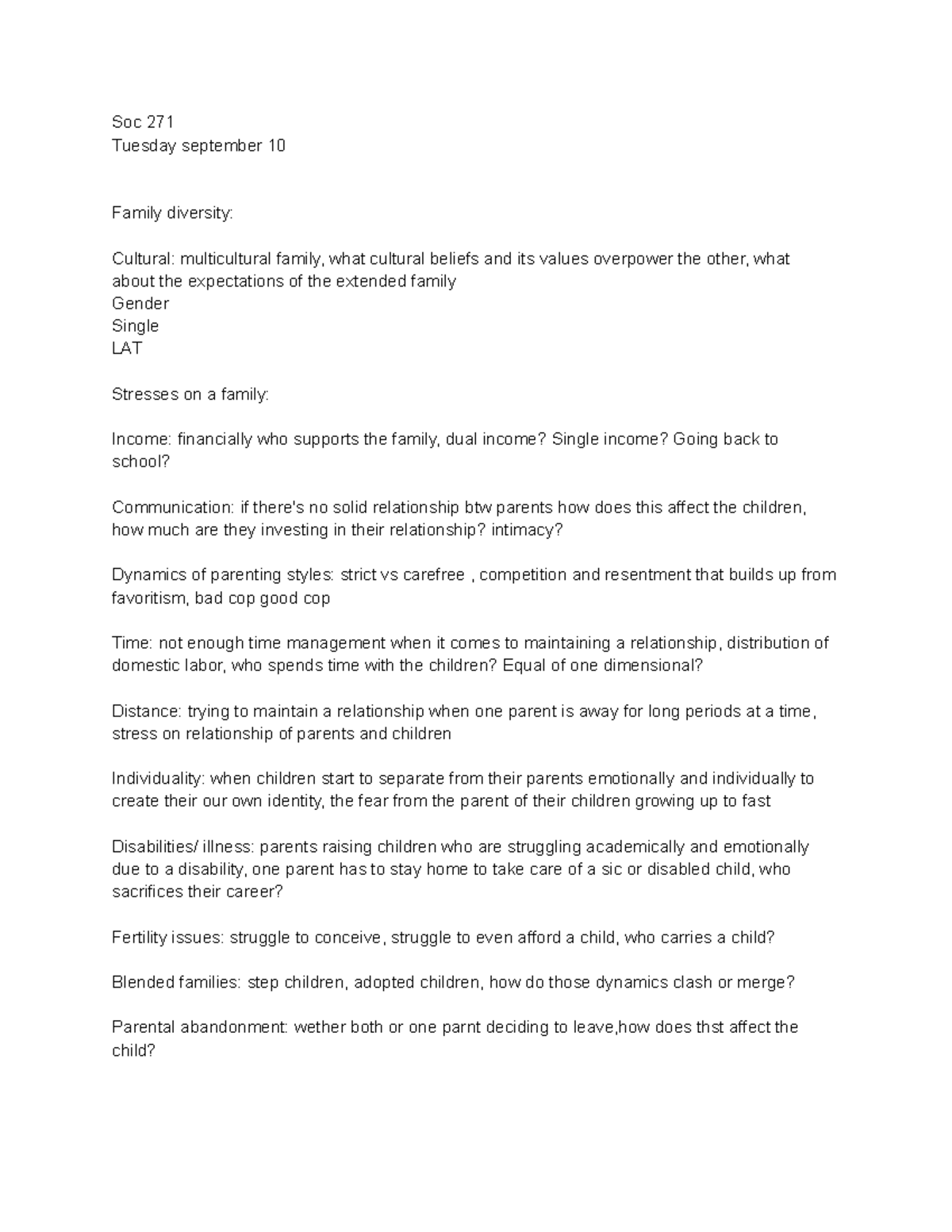 Soc 271 - notes - Soc 271 Tuesday september 10 Family diversity ...