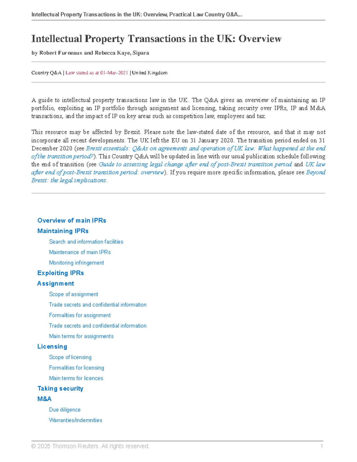 IP1 - Overview of Intellectual Property Transactions in the UK - Studocu