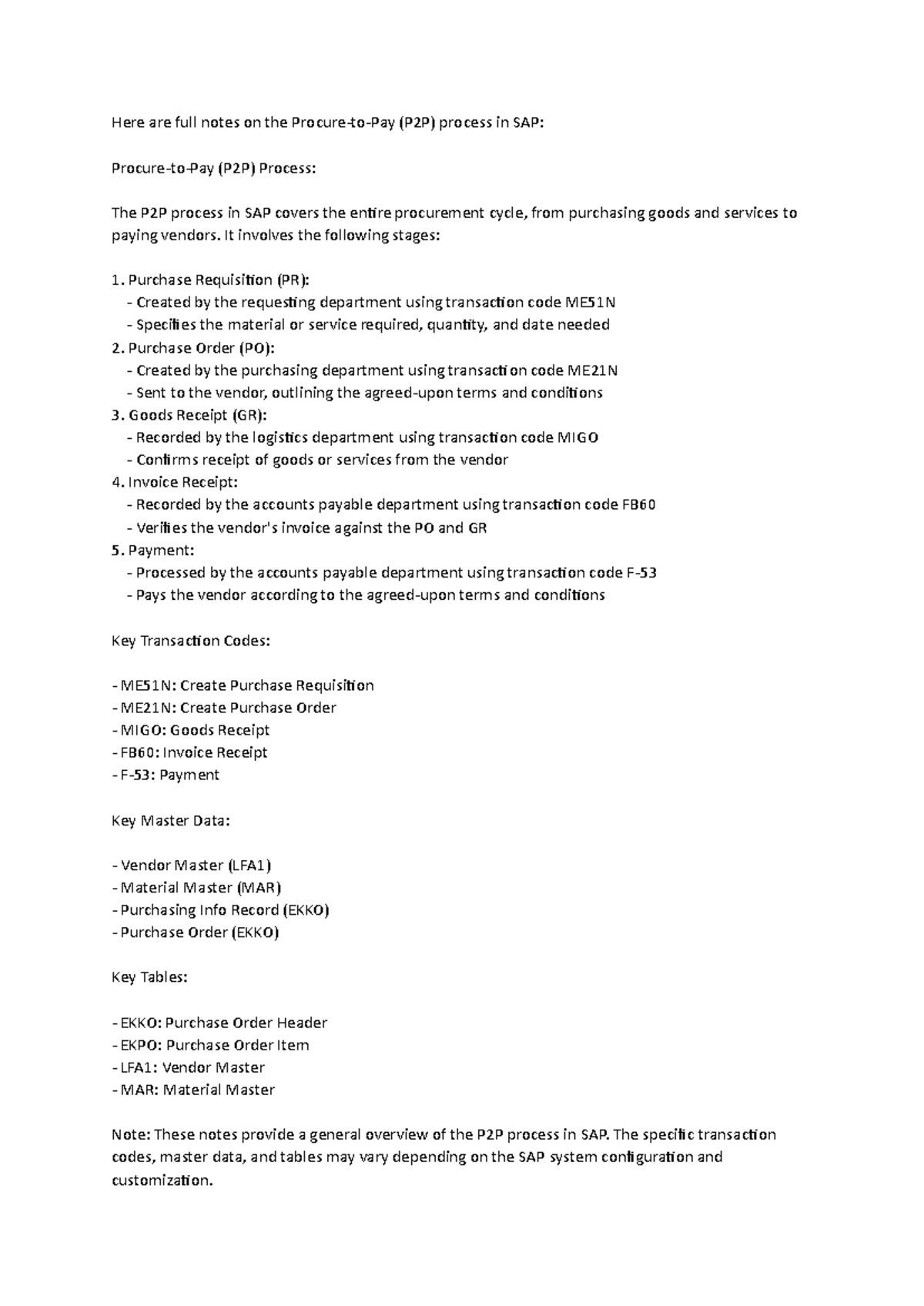 SAP P2P Process Overview: Key Notes & Transaction Codes - Studocu
