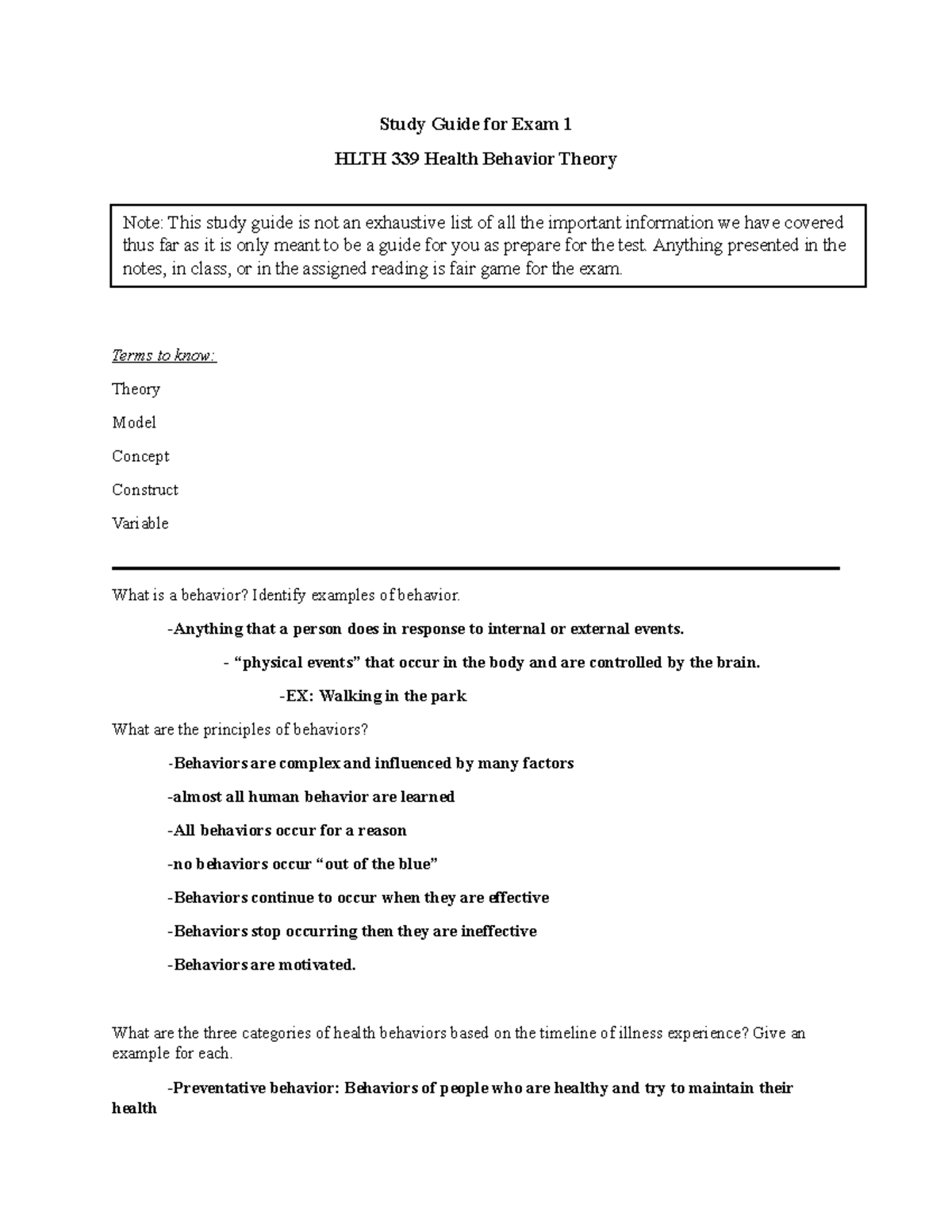 HLTH 339 Study Guide: Exam 1 on Health Behavior Theory and Models ...