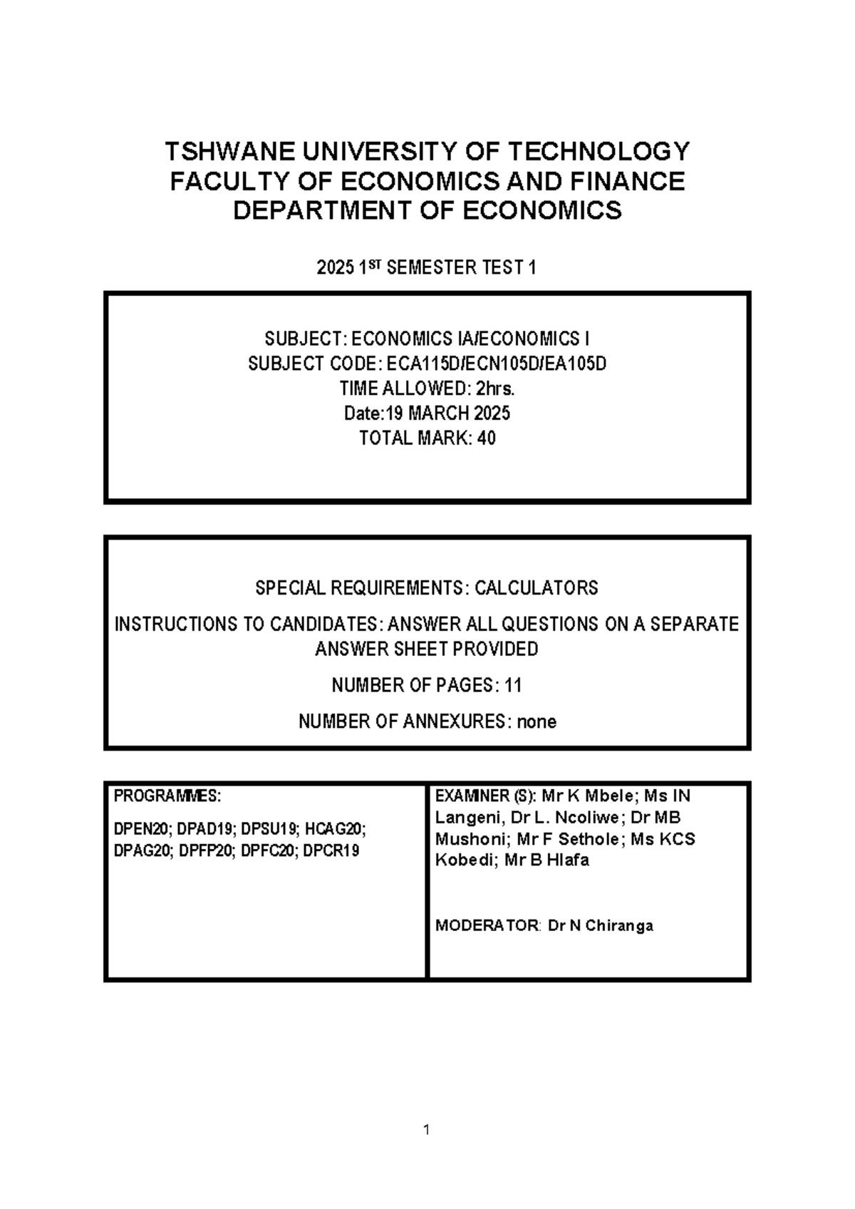 Economics I 2025 1st Semester Test 1 Memo - Studocu