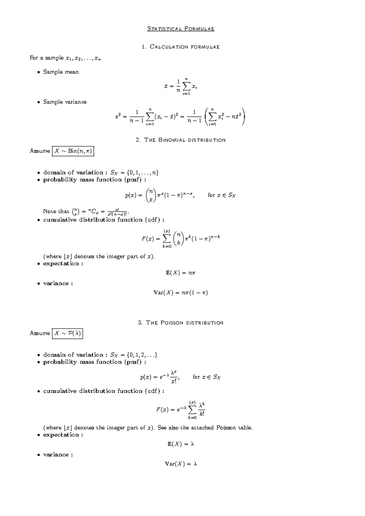 Statistical Formulae Sheet for Exam - STATS 101 - Studocu
