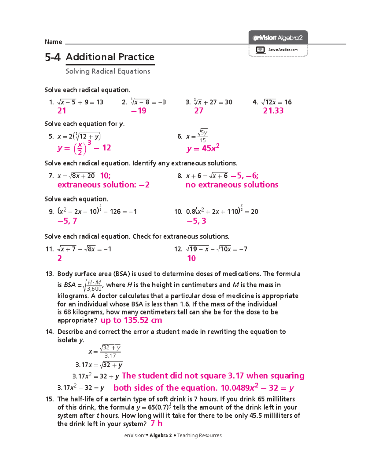 Algebra 2 HSM18 Additional Practice: Solving Radical Equations - Studocu