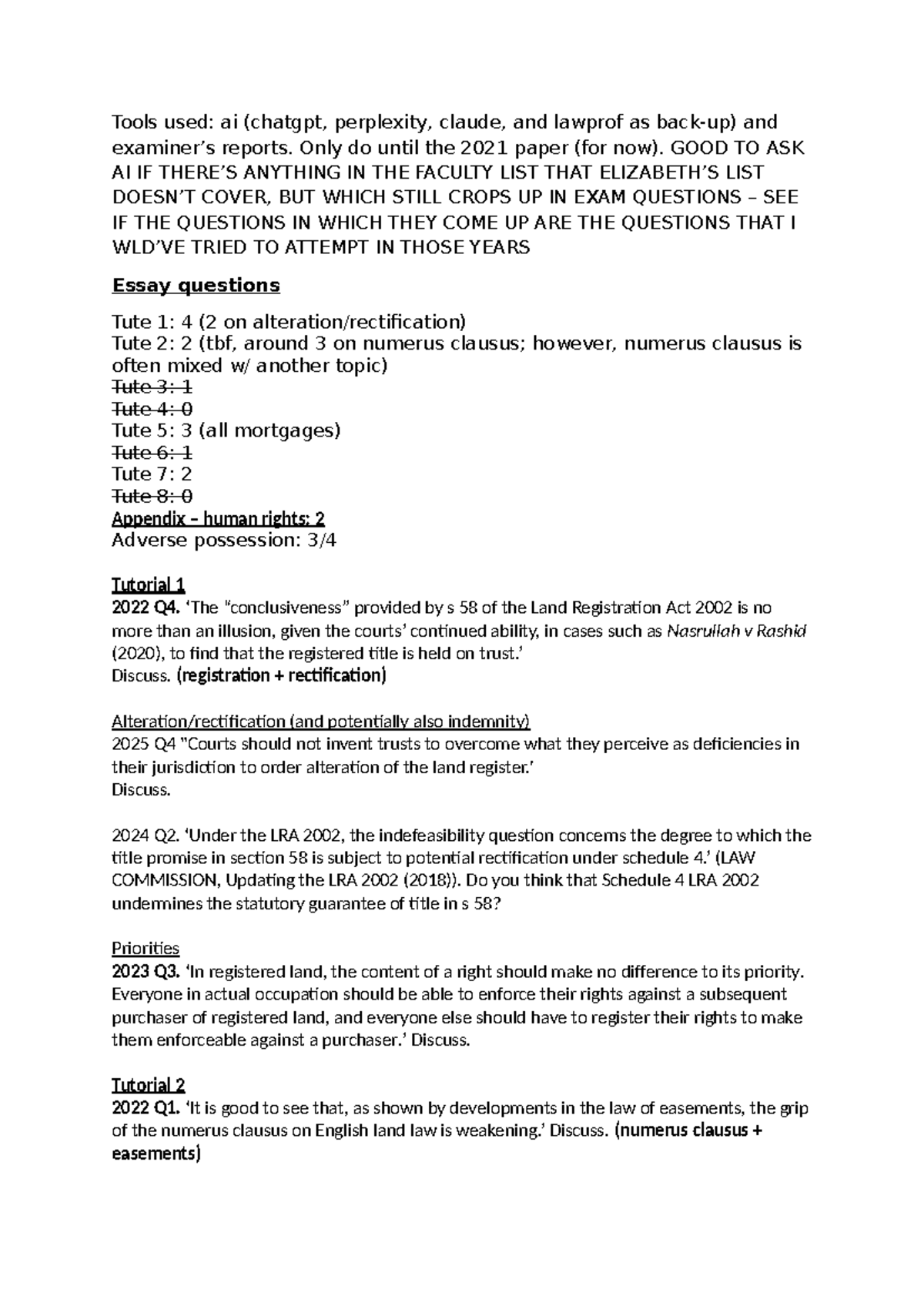 Land Law Past Paper Questions Analysis (LAW 2025) - Studocu