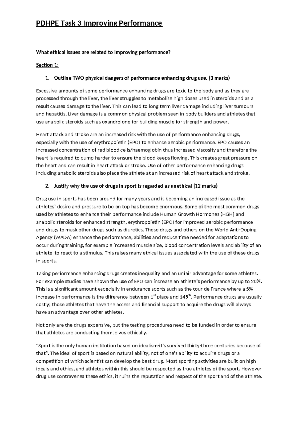 PDHPE Task 3: Ethical Issues in Performance Enhancement and Technology ...