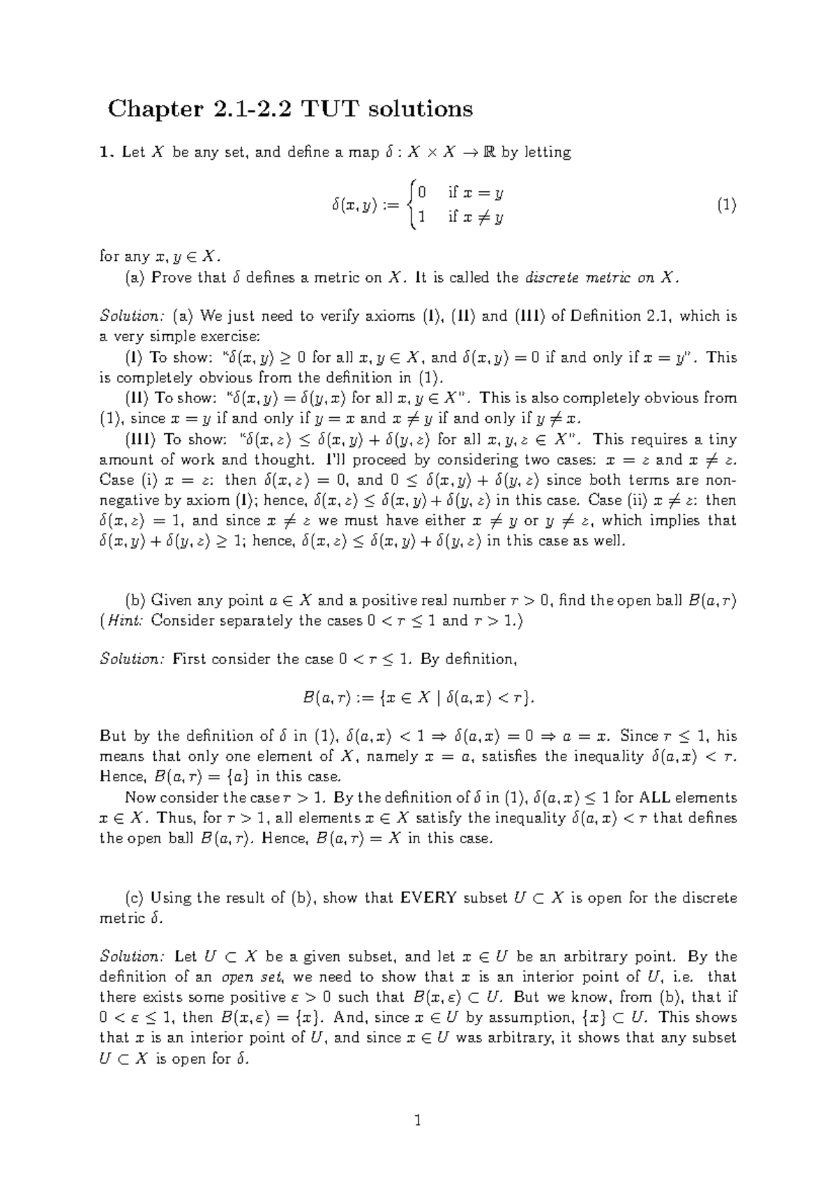 MATH3037 Ch 2 - Real Analysis Tutorial Solutions and Metrics - Studocu