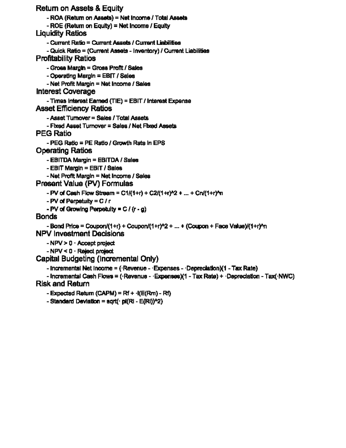 Cheat Sheet: Key Financial Ratios & Formulas for Exam - Studocu