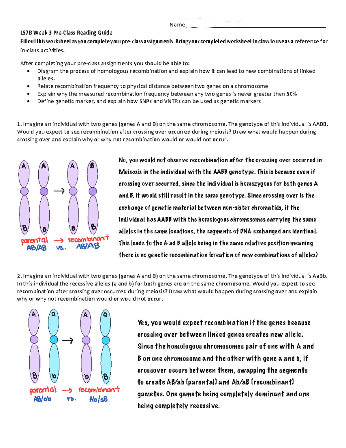 LS7B Week 3 Pre-Class Reading Guide on Homologous Recombination - Studocu