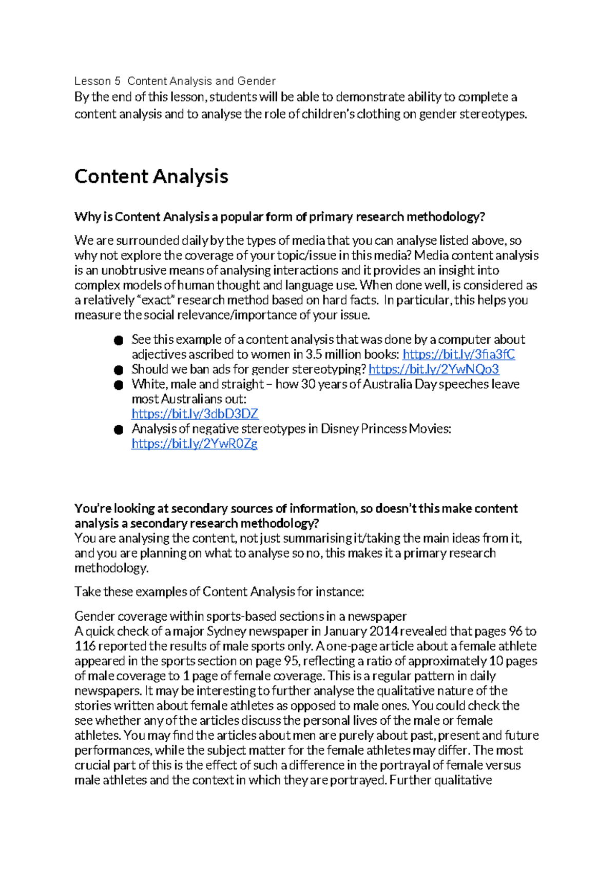 6. Content Analysis and Gender - Lesson 5 Content Analysis and Gender ...