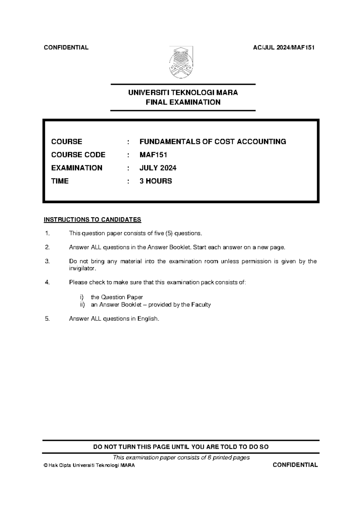 MAF151 Final Exam July 2024 - Fundamentals of Cost Accounting - Studocu