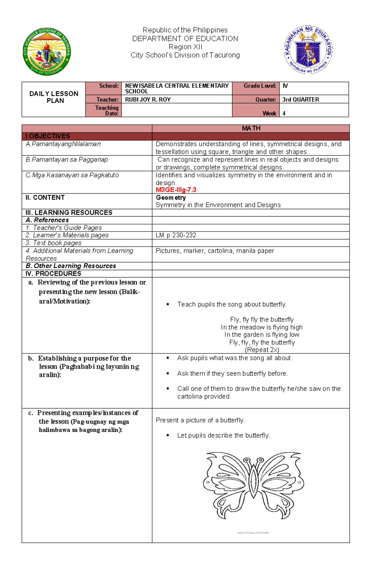 Lesson PLAN IN MATH 3 - DLP - Republic of the Philippines DEPARTMENT OF ...