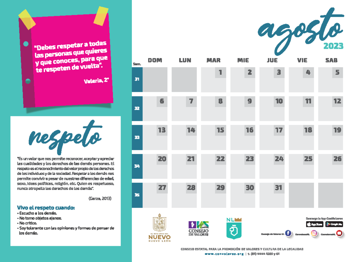 Calendario Valores 2023 2024 - lenguaje - Studocu
