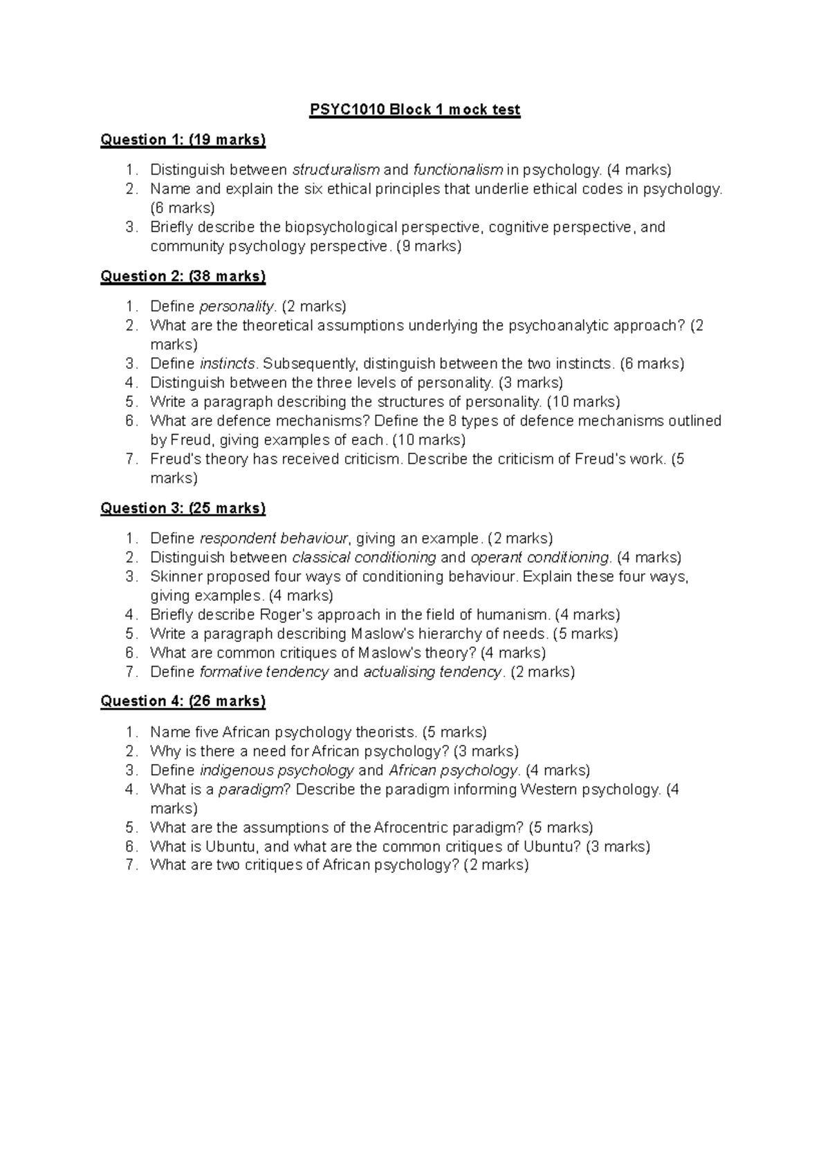 PSYC1010 Block 1 Mock Test: Key Concepts in Psychology - Studocu