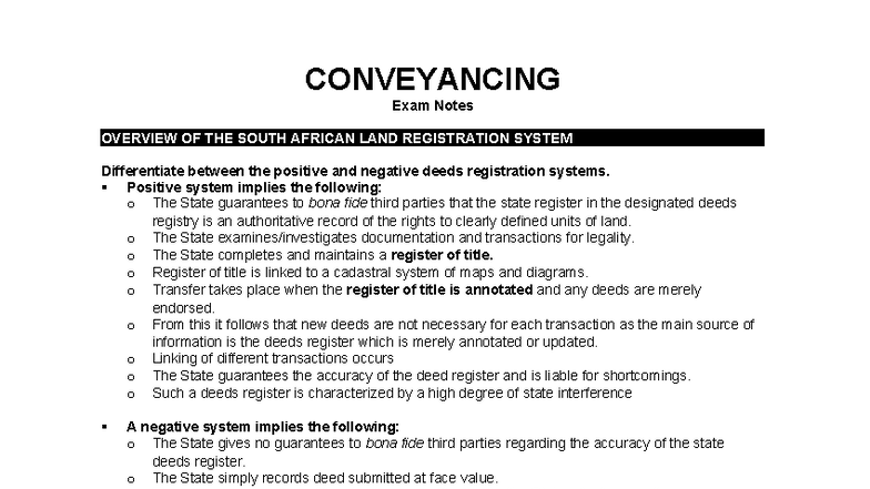 Conveyancing Qn A - Lecture Notes on SA Land Registration Systems - Studocu